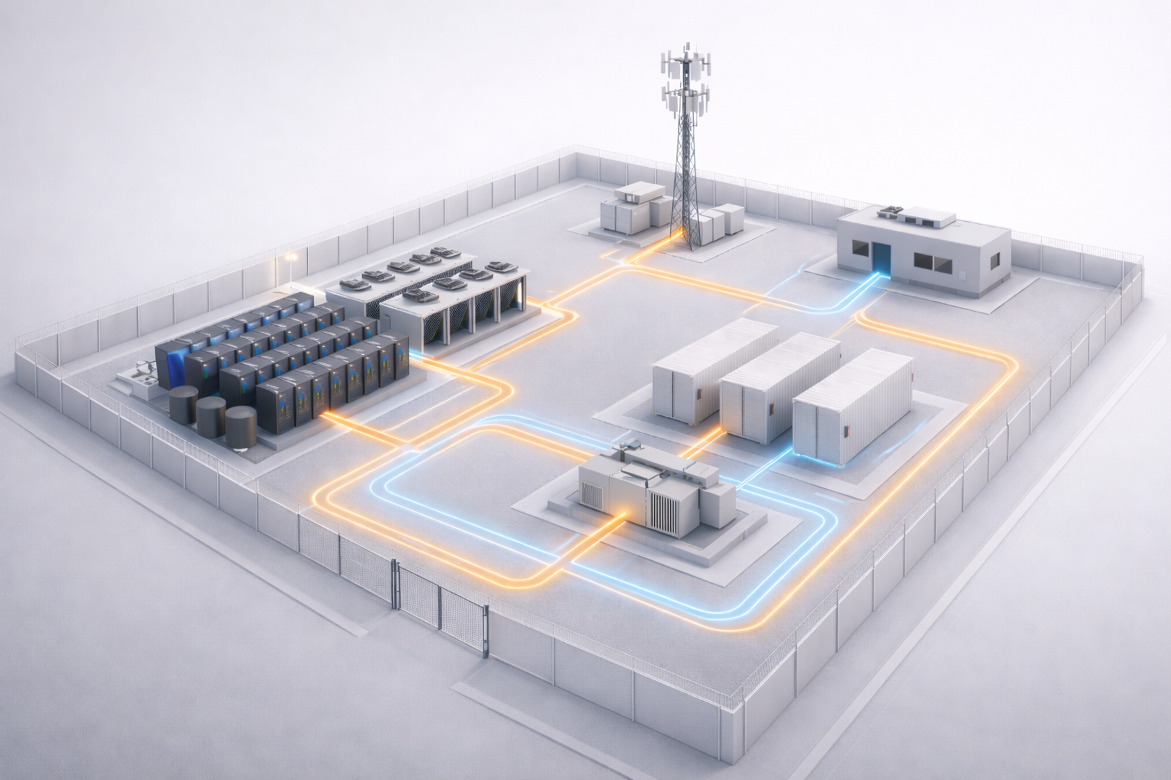 Illustrative Kinetic Shield concept with battery storage, containerized data-center modules, power equipment and a communications mast